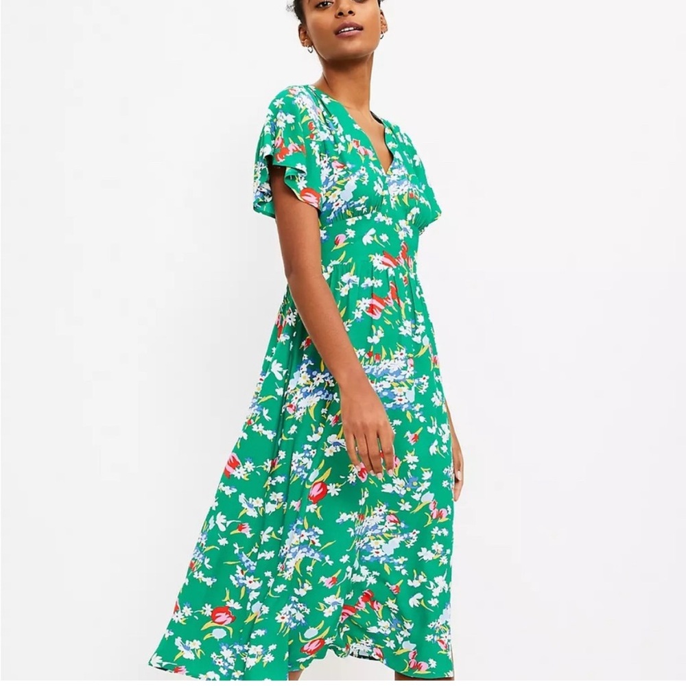 LOFT Green Flutter Sleeve MIDI Sundress